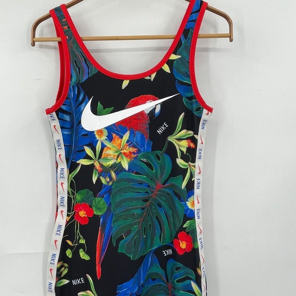 Nike Black Floral Tropical Midi Dress with Red Trim